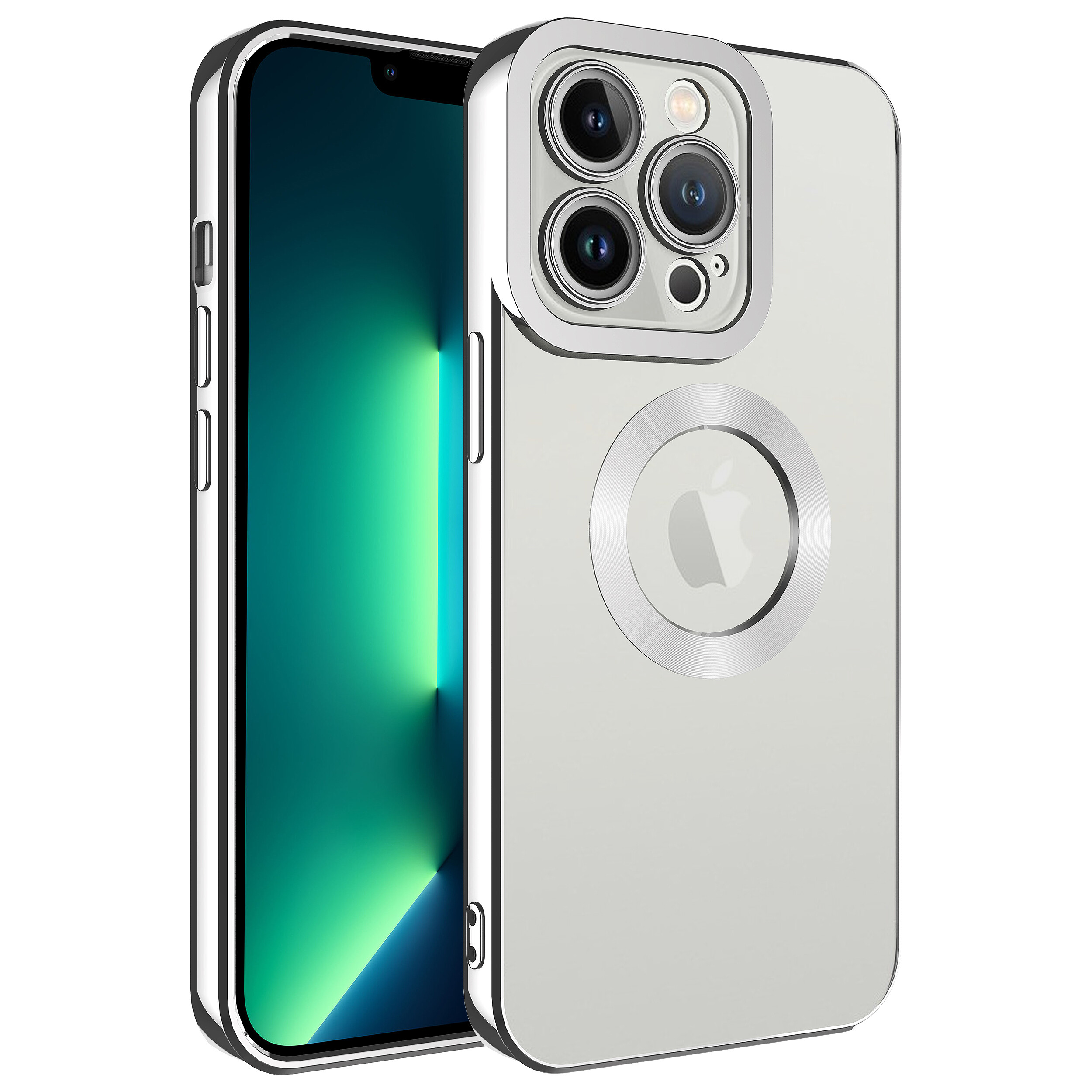 KNY Apple phone 14 Pro Klf Renkli Kenarl Parlak Logosu Ak Omega Silikon