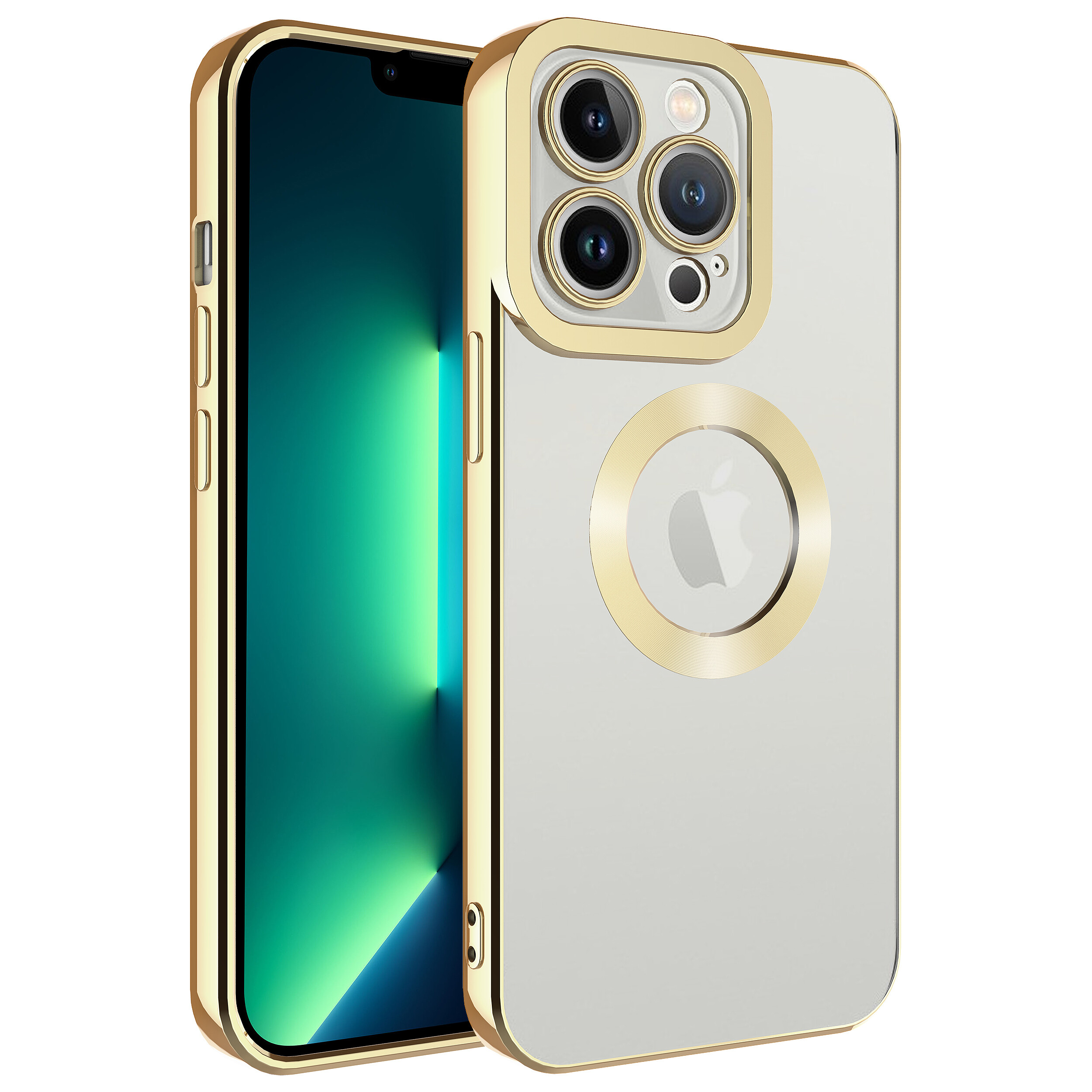 KNY Apple phone 14 Pro Klf Renkli Kenarl Parlak Logosu Ak Omega Silikon