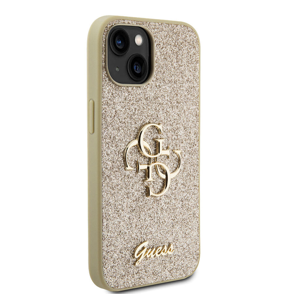 Apple iPhone 15 Klf Guess Orjinal Lisansl 4G Byk Metal Logolu Glitter Kapak