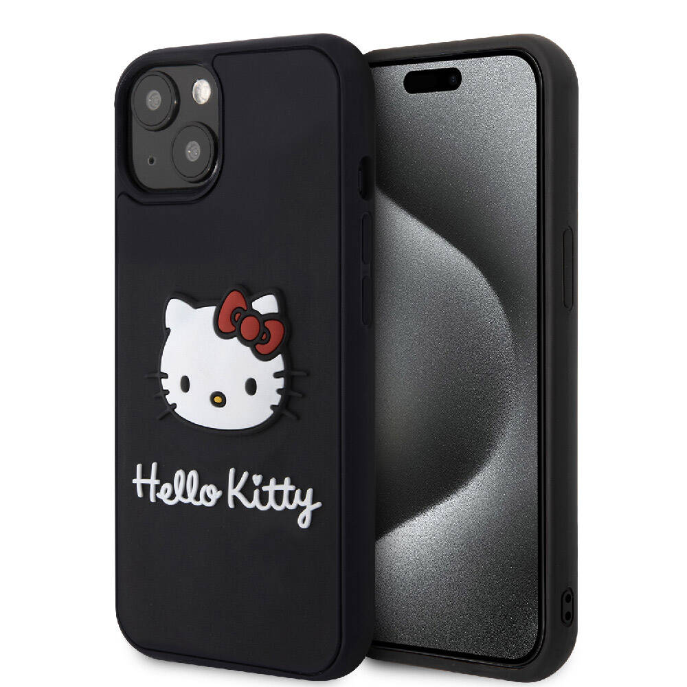 Apple iPhone 15 Klf Hello Kitty Orjinal Lisansl Yaz ve konik Logolu 3D Rubber Kitty Head Kapak