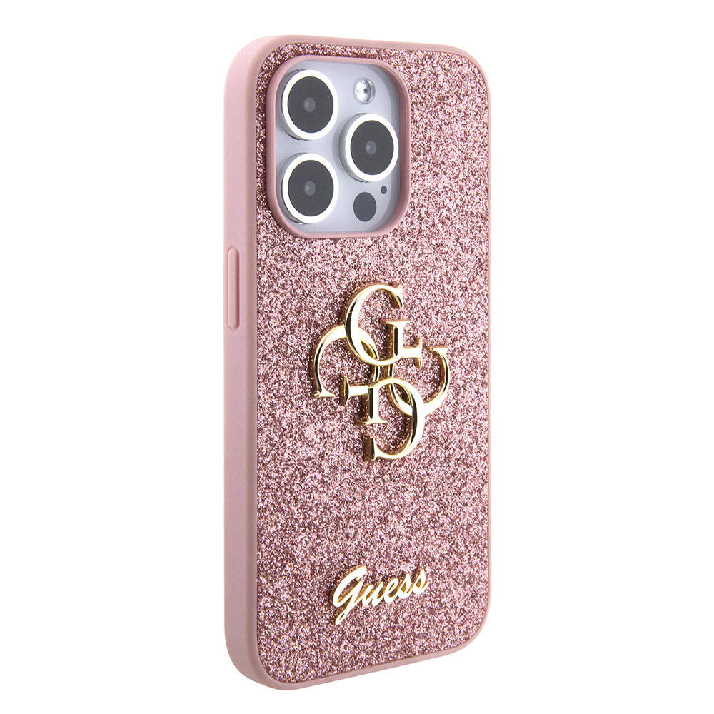 Apple iPhone 15 Pro Klf Guess Orjinal Lisansl 4G Byk Metal Logolu Glitter Kapak