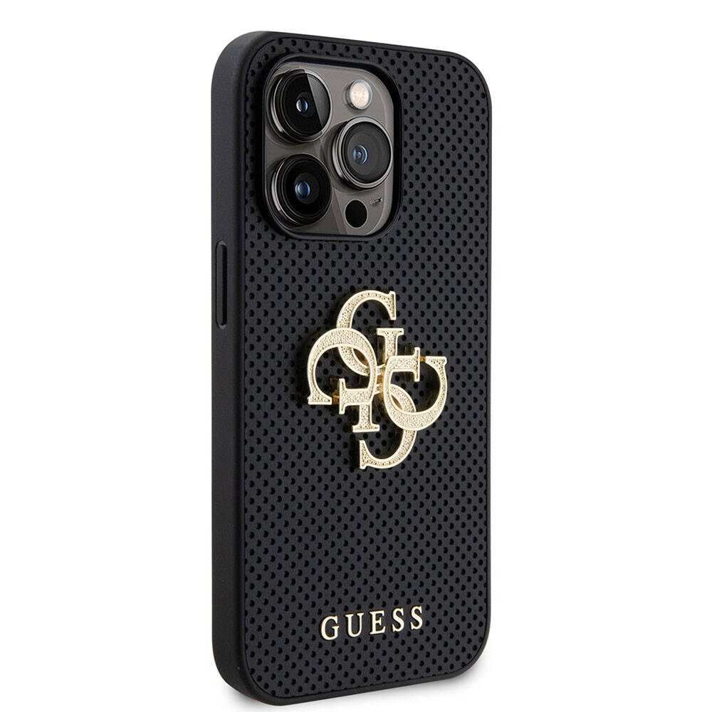 Apple iPhone 15 Pro Klf Guess Orjinal Lisansl Delikli Yaz ve 4G Glitter Byk Metal Logolu Kapak