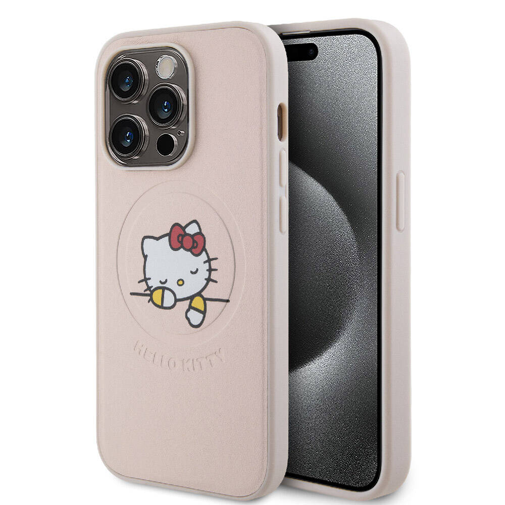 Apple iPhone 15 Pro Klf Hello Kitty Orjinal Lisansl Magsafe arj zellikli Bask Logolu Uyuyan Kitty Deri Kapak