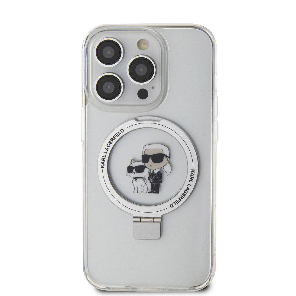 Apple iPhone 15 Pro Klf Karl Lagerfeld Orjinal Lisansl Magsafe arj zellikli K&C konik Baskl Ring Standl Kapak