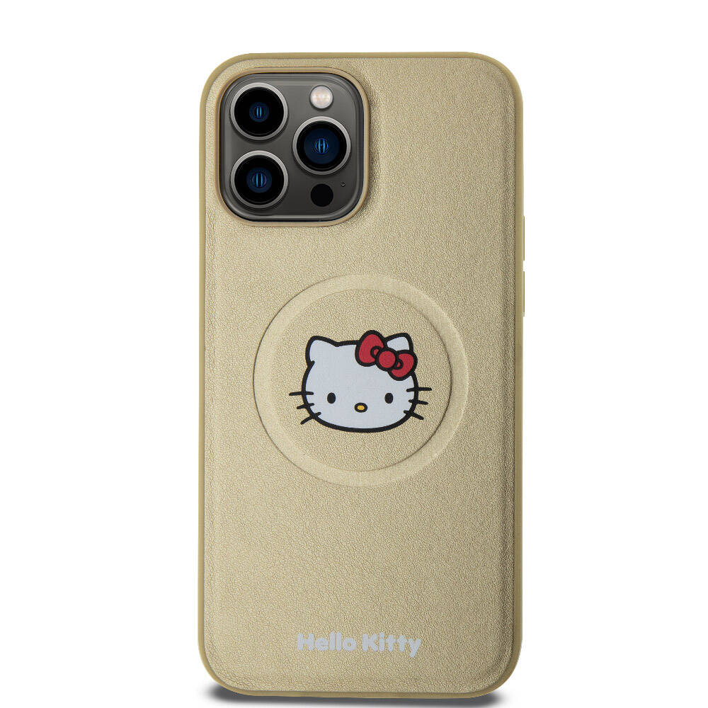 Apple iPhone 15 Pro Max Klf Hello Kitty Orjinal Lisansl Magsafe arj zellikli Kitty Head Deri Kapak
