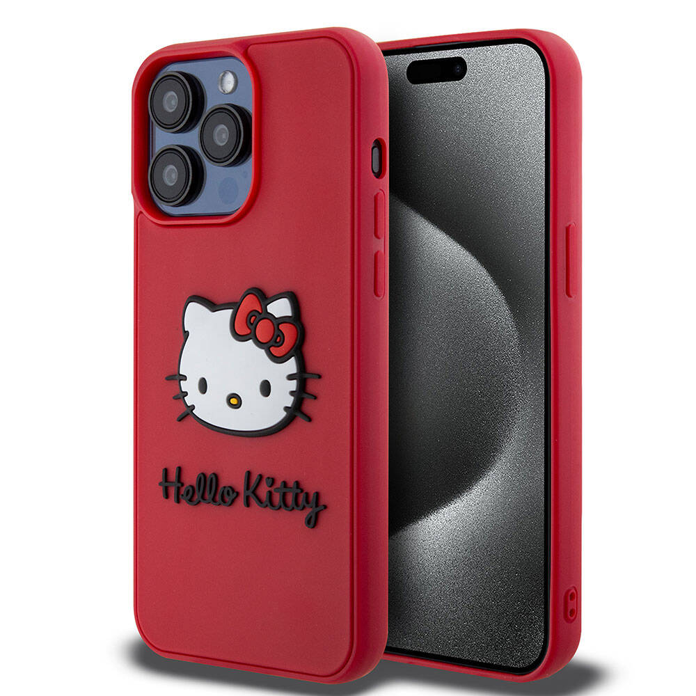 Apple iPhone 15 Pro Max Klf Hello Kitty Orjinal Lisansl Yaz ve konik Logolu 3D Rubber Kitty Head Kapak