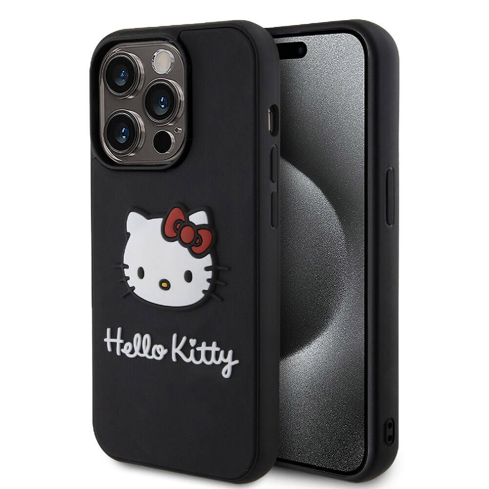 Apple iPhone 15 Pro Max Klf Hello Kitty Orjinal Lisansl Yaz ve konik Logolu 3D Rubber Kitty Head Kapak