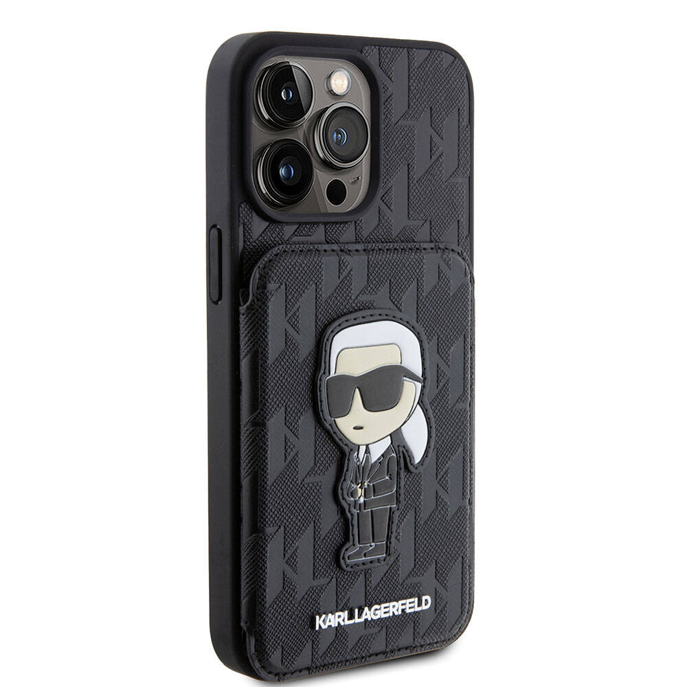 Apple iPhone 15 Pro Max Klf Karl Lagerfeld Standl Kartlkl Saffiano Monogram konik Metal Logo Orjinal Lisansl Kapak