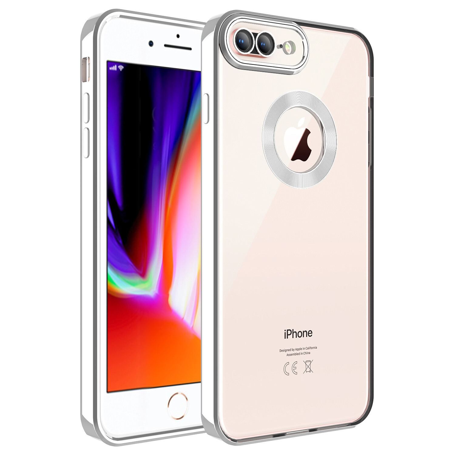 KNY Apple phone 7 Plus Klf Renkli Kenarl Parlak Logo Ak Omega Silikon