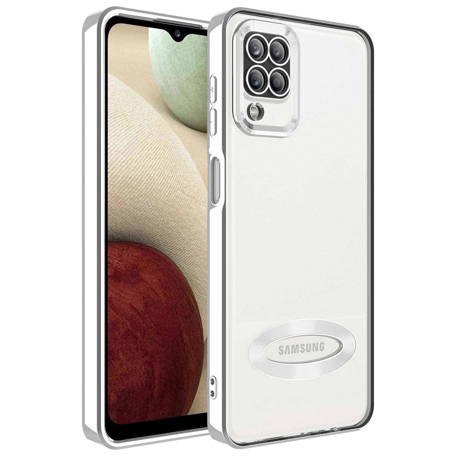 KNY Samsung Galaxy A12 Klf Renkli Kenarl Parlak Logo Ak Omega Silikon