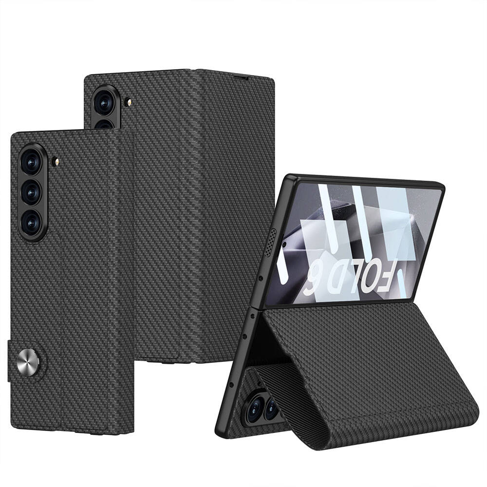 KNY Samsung Galaxy Z Fold 6 Klf Karbon Desenli Kart Koymal Kapakl Standl Klf 